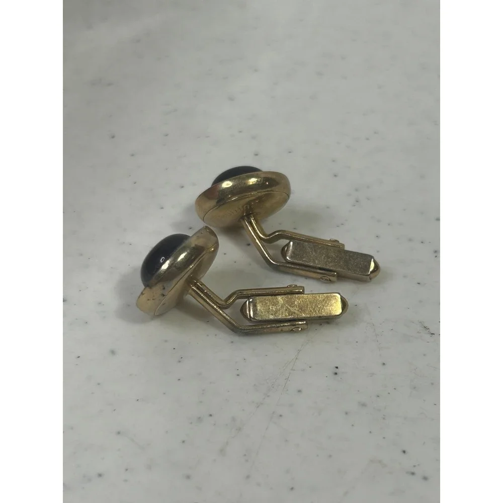 Vintage Swank Gold Tone Red Cabochon Round Cufflinks‎ Mid Century Formal Mens